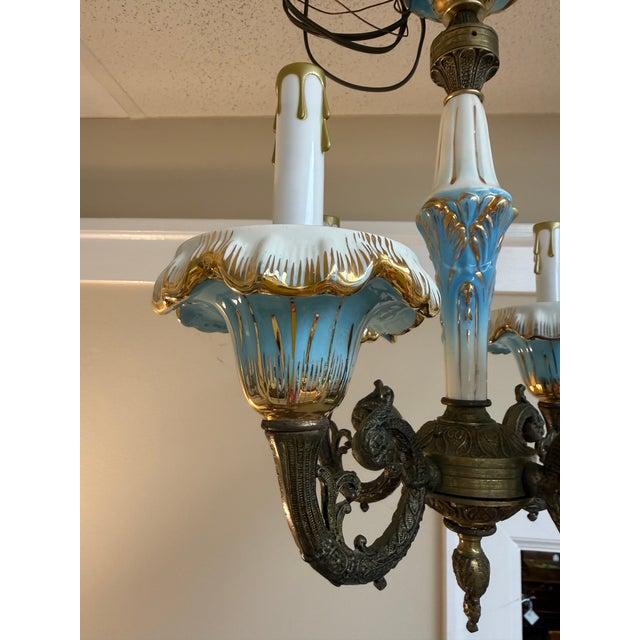 Early 20th Century Small Antique French Porcelain and Brass Chandelier With Gold Gilt For Sale - Image 5 of 6