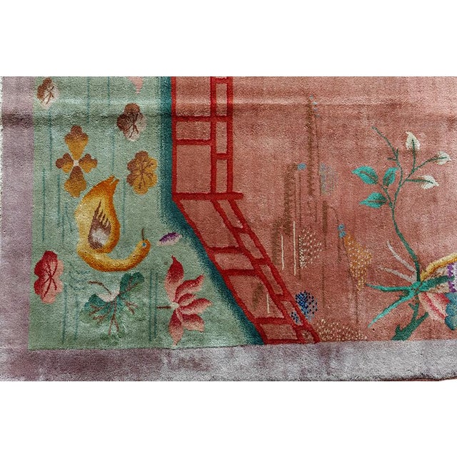 1920s Scenic Coral Antique Chinese Art Deco Bird Rug 9' 0" x 11' 6" Wool Carpet