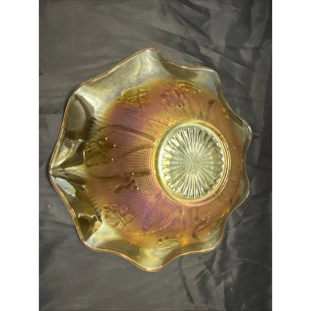 1960s Jeannette Iris & Herringbone Marigold Carnival Glass 11" Bowl Ruffled Depression For Sale - Image 5 of 7