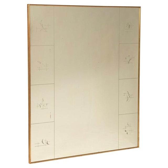 Decorative Mirror with Silk-Screened Designs and Brass Frame, 1940s For Sale - Image 12 of 12