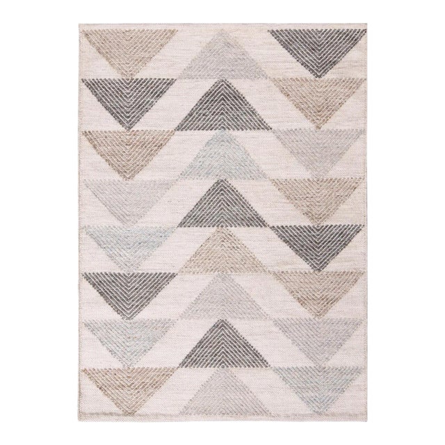 Rug & Kilim’s Scandinavian Style Geometric Cream & Gray Wool Kilim Outdoor Rug - 5'x8' For Sale