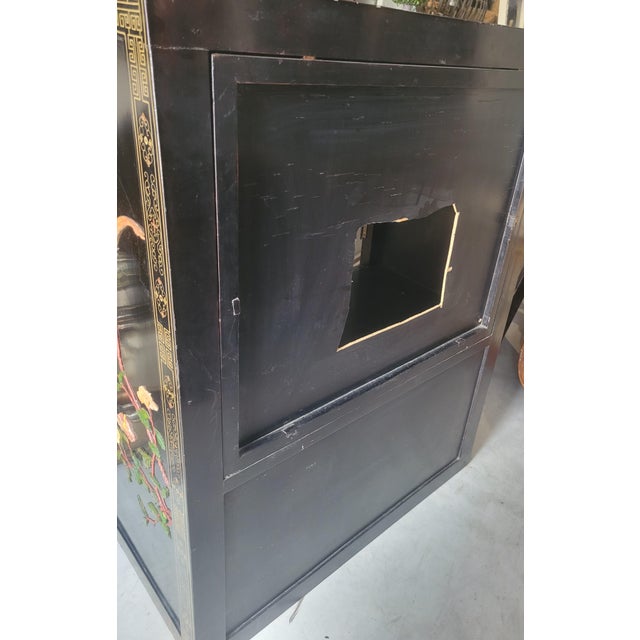 Vintage Chinoiserie Black Lacquered Large 4 Door Soapstone Decorative Storage Cabinet For Sale - Image 16 of 18
