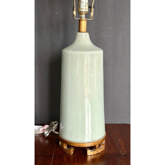 1960s Mid-Century Modern Celadon Crackle-Glaze Ceramic & Wood Table Lamp For Sale - Image 11 of 15