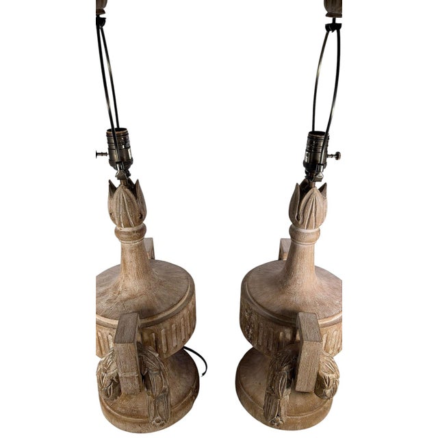 Late 20th Century Italian Style Carved Wood Lamps With Swag Decoration in Distressed Finish - A Pair For Sale - Image 4 of 9