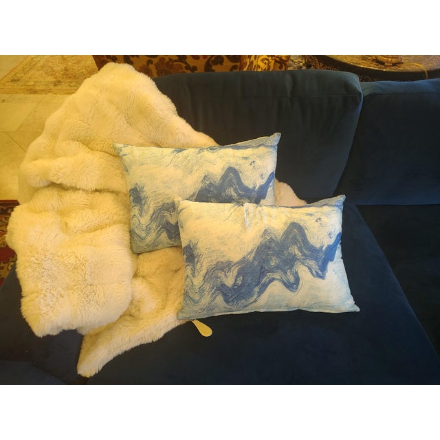 Contemporary Discontinued Pair of Blue Marbled Pillows With Down Fill For Sale - Image 3 of 5