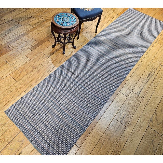 American Antique American Amish Rag Runner, Handwoven Wool & Cotton, Stripe Pattern, Gray & Blue, 3x14 For Sale - Image 3 of 12