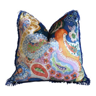 Designer French Floral Paisley Silk Velvet Feather/Down Pillow 19" Square For Sale