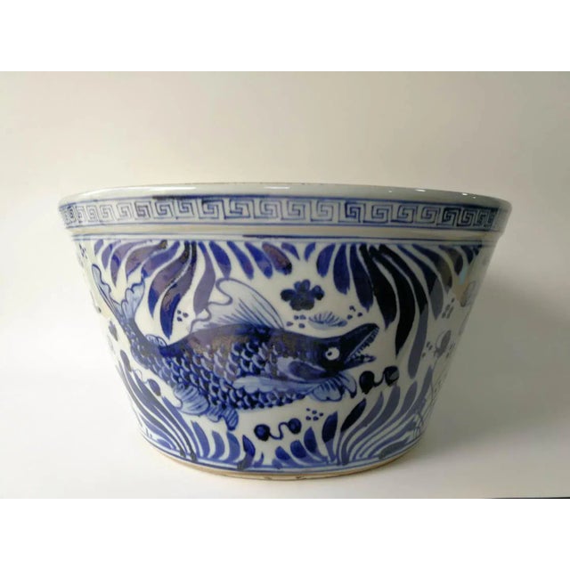 Ceramic Chinese Blue and White Oriental Fish Bowl Planter For Sale - Image 7 of 11