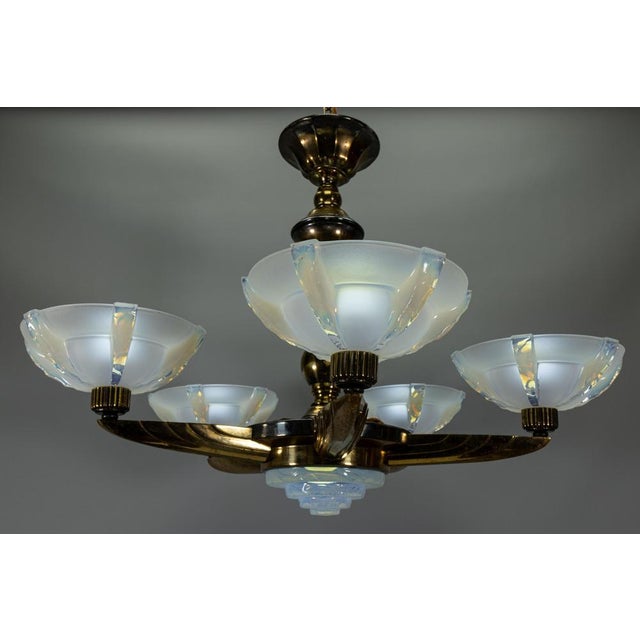 Art Deco Bronze and Opalescent Glass Six-Light Chandelier attributed to Ezan, France For Sale - Image 18 of 18