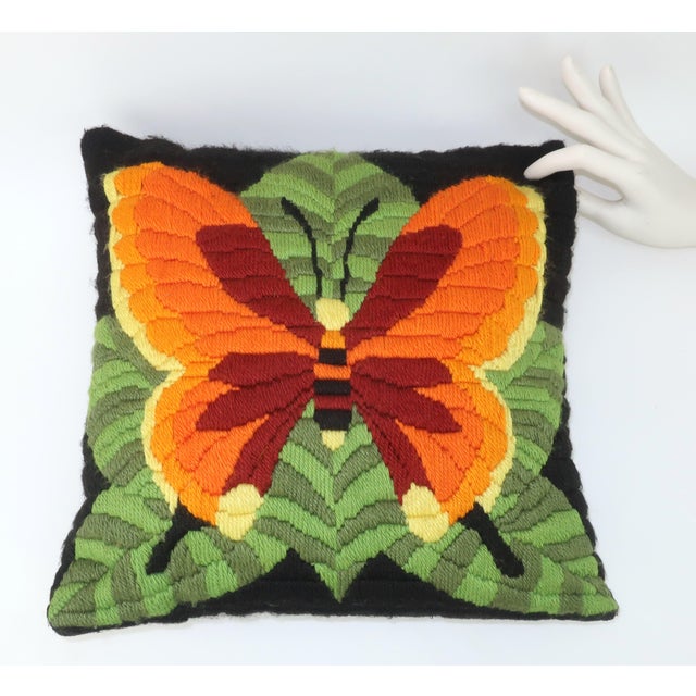 Textile Butterfly Yarn Crewel Embroidery Needlework Pillow, 1970's For Sale - Image 7 of 8