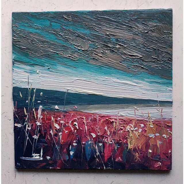 An impressionist oil painting of a field of pink flowers overlooking the ocean, by UK based artist Vivek Mandalia. Frame...