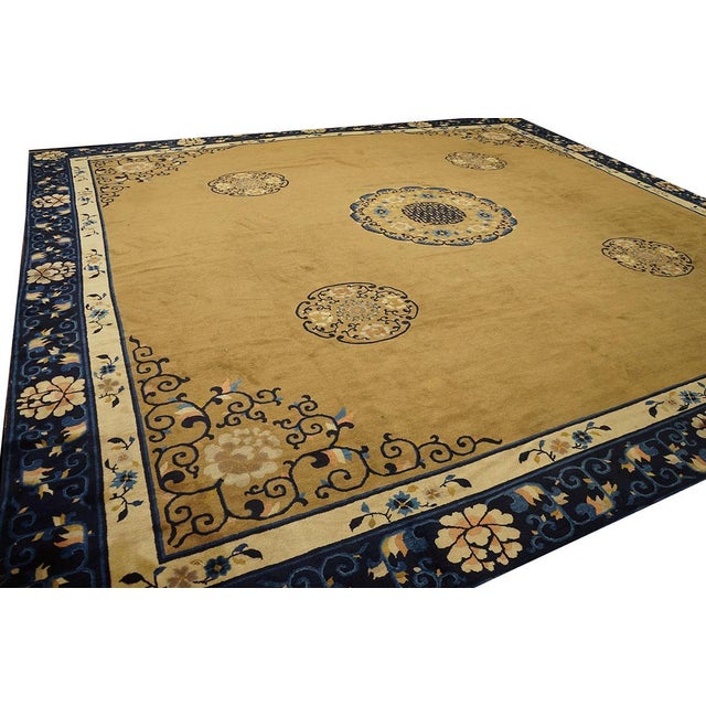 1890s Tan Camel Medallion Antique Chinese Peking Rug 13'4" X 14'0" Handknotted Wool Carpet For Sale In New York - Image 6 of 10