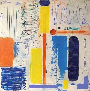 “Red Ball” Contemporary Abstract Mixed-Media Painting by Stephen Stilgenbauer