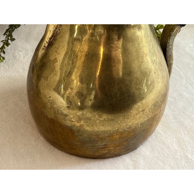 Large Antique Hand Crafted Arabian Dallah Coffee Urn 16" Middle Eastern Brass Plated Coffee Pot Hinged Lid Hand Woven Leather Handle Worn For Sale - Image 9 of 15