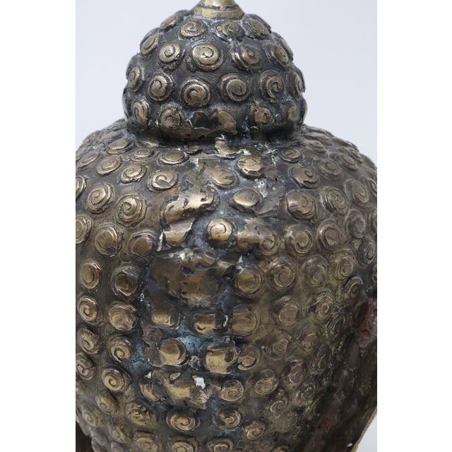 Attributed Early 20th Century Southeast Asian Hollow Cast Brass Buddha Head Sculpture - Retained Clay Core - 11"h For Sale - Image 4 of 18