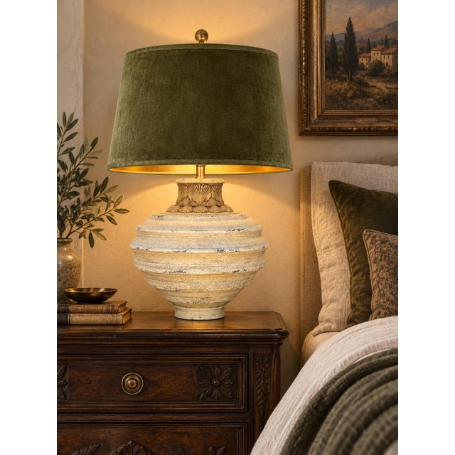 Late 20th Century Late 20th Century Sculptural Shell Urn Table Lamp With Moss Green Velvet and Gold-Lined Shade For Sale - Image 5 of 5