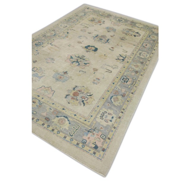Early 21st Century Early 21st Century Cream Handwoven Wool Turkish Oushak Rug in Pink & Blue Floral Design 6'1" X 9'1" For Sale - Image 5 of 7