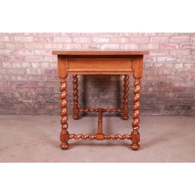 Baker Furniture English Oak and Burl Wood Barley Twist Writing Desk, Newly Refinished For Sale - Image 10 of 13