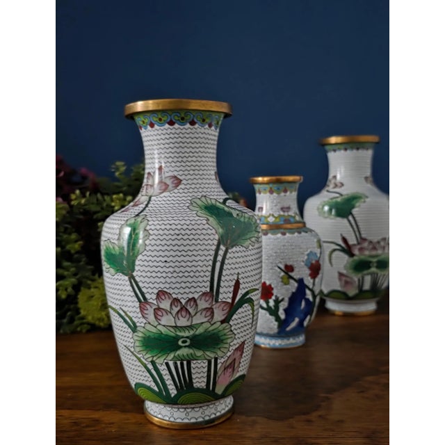 White Vintage Chinese Enameled Cloisonné Vase Set For Sale - Image 8 of 18
