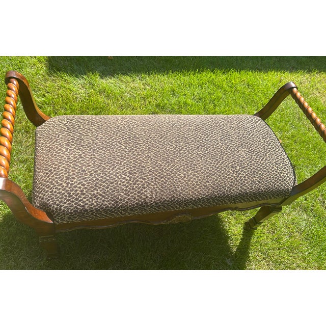 Wood Vintage, Neoclassical-Style, Animal Print Upholstered, Window Bench, With Shell and Barley Twist Accents For Sale - Image 7 of 11