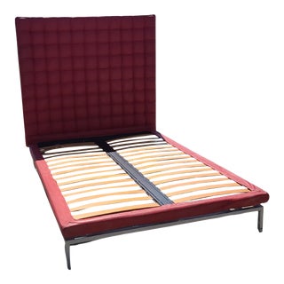 1990s Lipstick Red Leather Queen Bed Frame with Tufted Headboard For Sale