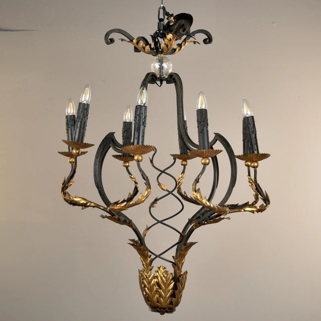 Vintage Italian Black and Gilt Tole Eight Light Chandelier For Sale - Image 9 of 12