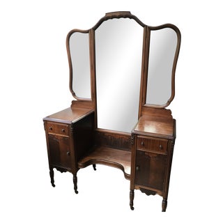 Vintage Ornate Trifold Vanity With Storage For Sale