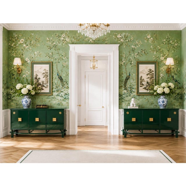 A striking pair of emerald green cabinets with a chic Asian-inspired silhouette and beautiful brass hardware. Each piece...
