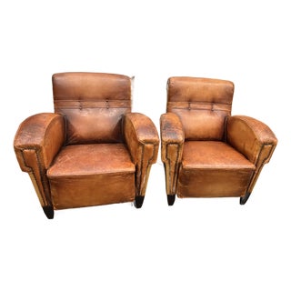 1920s French Leather Art Deco Club Chairs- a Pair For Sale