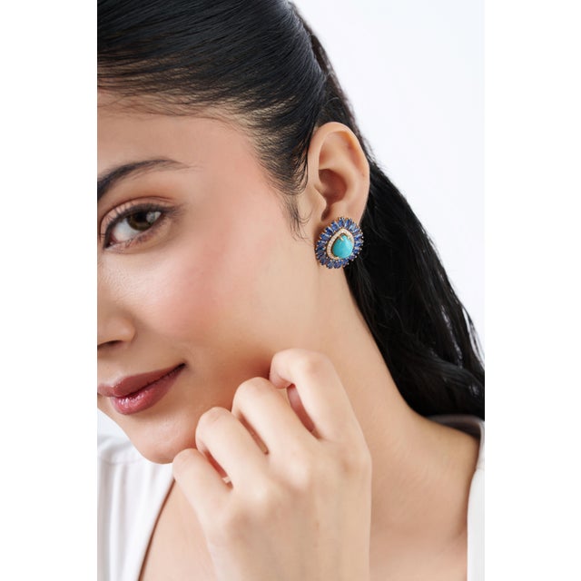 Gold Art Deco 17ct Turquoise & Blue Sapphire Statement Earrings With Diamonds in 14k Gold- A Pair For Sale - Image 8 of 17