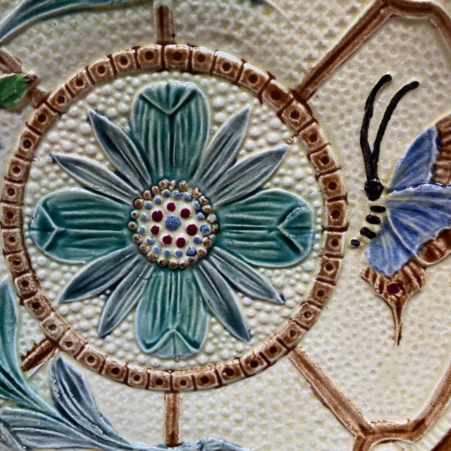 Majolica Flowers and Butterfly Plates from Wasmuel, 1890s, Set of 2 For Sale - Image 3 of 10