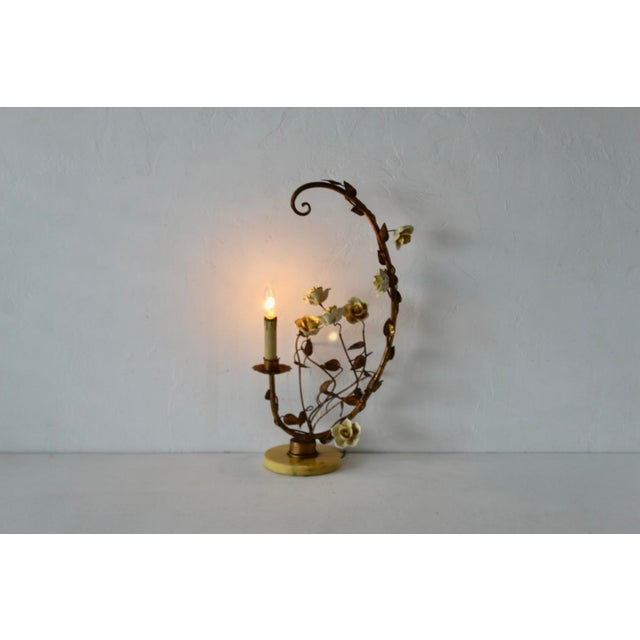 Italian Gilded Tole Porcelain Yellow Roses Leaf Vine Marble Base Table Accent Lamp Vintage Mid-Century For Sale - Image 17 of 17