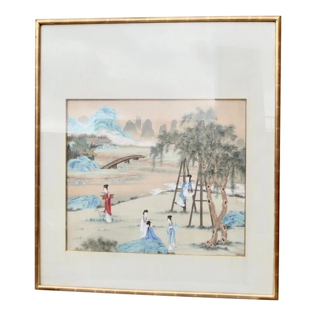 Chinese Maidens in a Landscape Watercolor For Sale