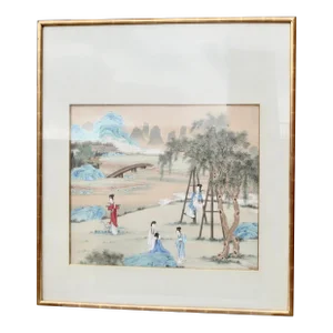Chinese Maidens in a Landscape Watercolor