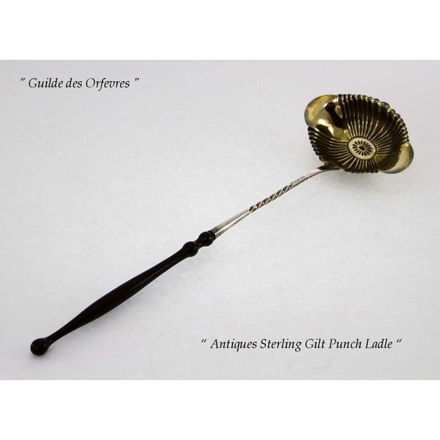 Antique Sterling Silver Gilt Punch Ladle Woden Handle, Fluted Oval Bowl. For Sale - Image 4 of 7