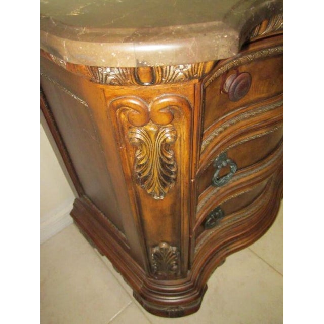 1980s Nightstand 3 Drawer Marble Top Carved Wood Dark Tone Italian Style For Sale - Image 4 of 9