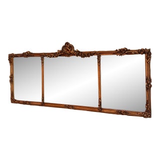 Vintage 53' Horizontal French Baroque Style Giltwood Triptych Overmantel Mirror For Sale