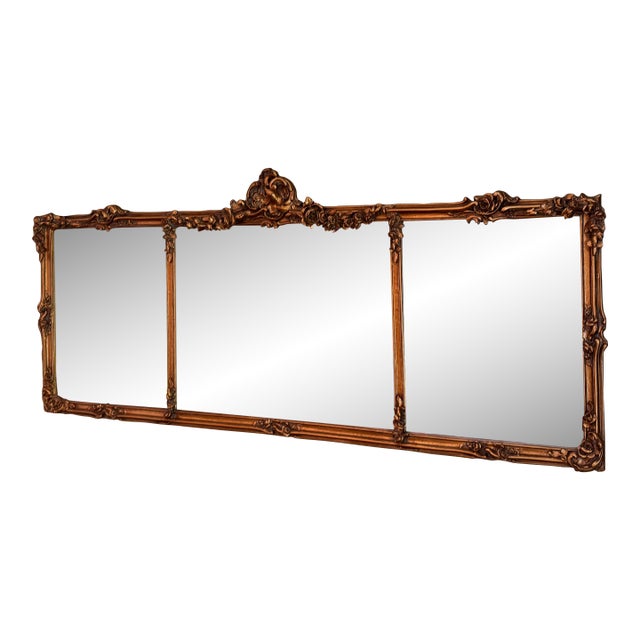 Vintage 53' Horizontal French Baroque Style Giltwood Triptych Overmantel Mirror For Sale