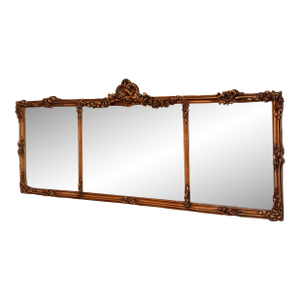 Vintage 53' Horizontal French Baroque Style Giltwood Triptych Overmantel Mirror