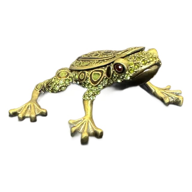 Vintage Two's Company Crystal Enamel Pewter 3” Frog Trinket Box Green Red Eyes For Sale