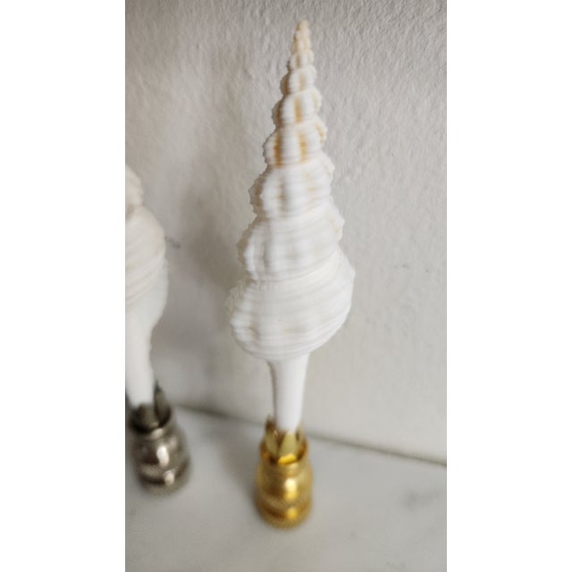 Nautical Pair of White Spindle Sea Shell Lamp Finials, Brass Base For Sale - Image 3 of 4