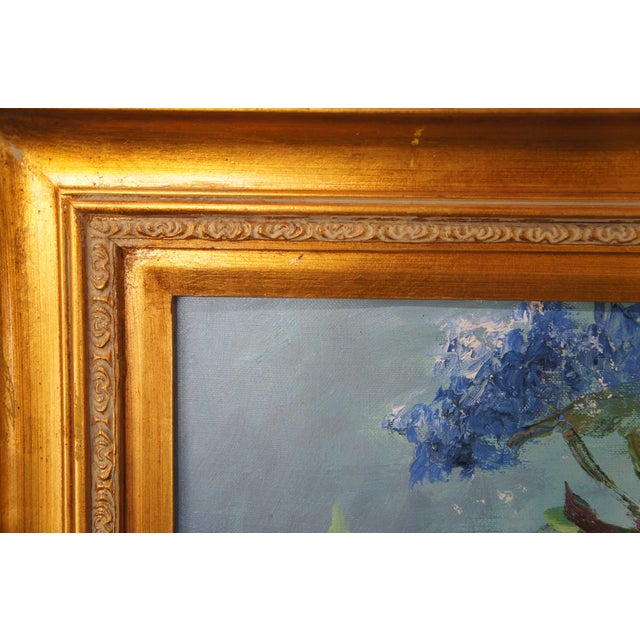 Late 20th Century 20th Century Still Life Oil Painting Bouquet of Flowers in Blue Vase Framed 43" For Sale - Image 5 of 12