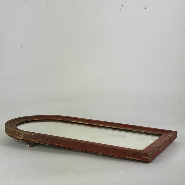 Brick Red Antique Arched Top Wood Wall Mirror With Distressed Glass and Mini Painted Flowers For Sale - Image 8 of 9
