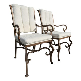 Vintage Hammered Iron Scroll Arm Lounge Chairs With Brass Finials, a Pair For Sale