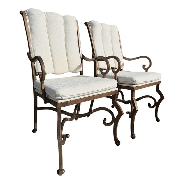 Vintage Hammered Iron Scroll Arm Lounge Chairs With Brass Finials, a Pair For Sale