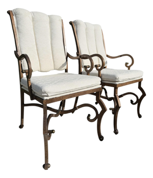 Vintage Hammered Iron Scroll Arm Lounge Chairs With Brass Finials, a Pair