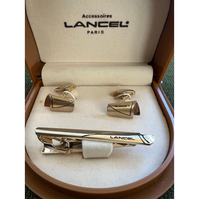 Gold Rare Vintage “Lancel” Paris Gold Plate & Steel Cufflinks & Tie Bar Original Case For Sale - Image 8 of 10