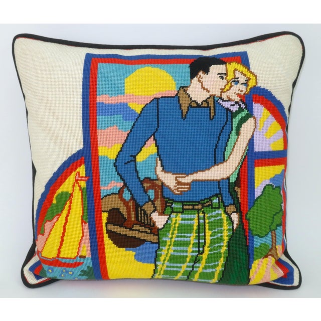 Retro Couple Sporty Scene Needlepoint Pillow, c.1970 For Sale - Image 4 of 10