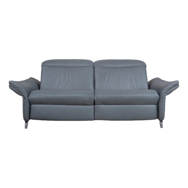 Himolla 1065 Leather Two-Seater Blue Grey Electric Function Sofa For Sale