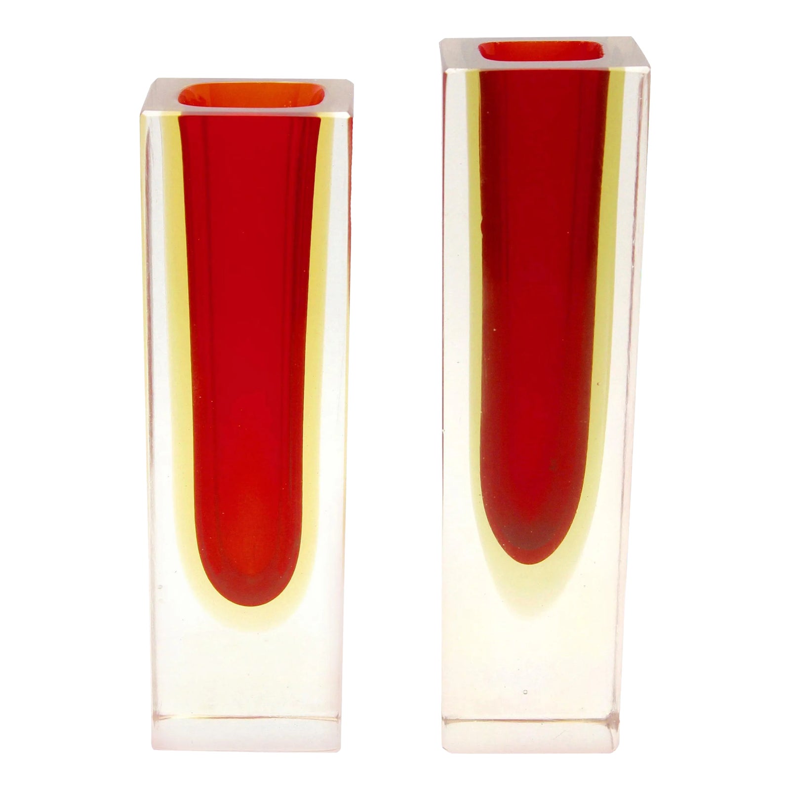 Murano Glass Block Vases with Red Core and Diffused Amber by Flavio Poli, Set of 2 Chairish